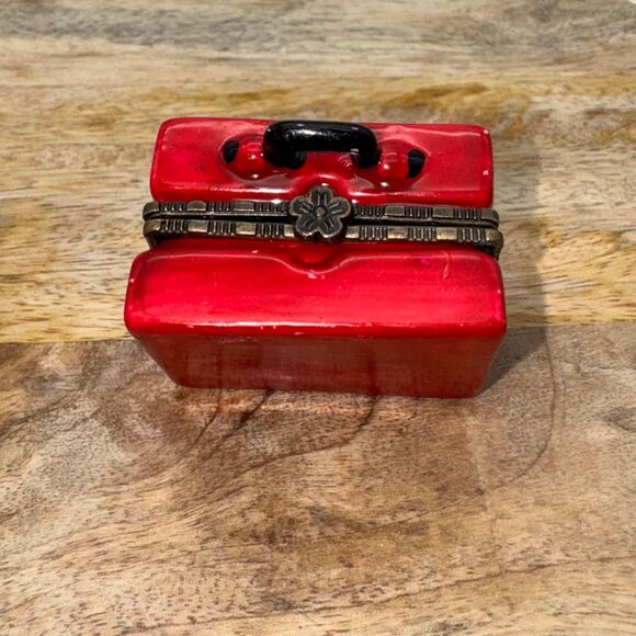 Porcelain Hinged Trinket Lunch Box Cowboy & Horse With Cookie Miniature Red Cute - Picture 3 of 9